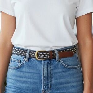 VINEYARD VINES Women’s 28” M Navy Belt White Fish & Hooks Brown Leather